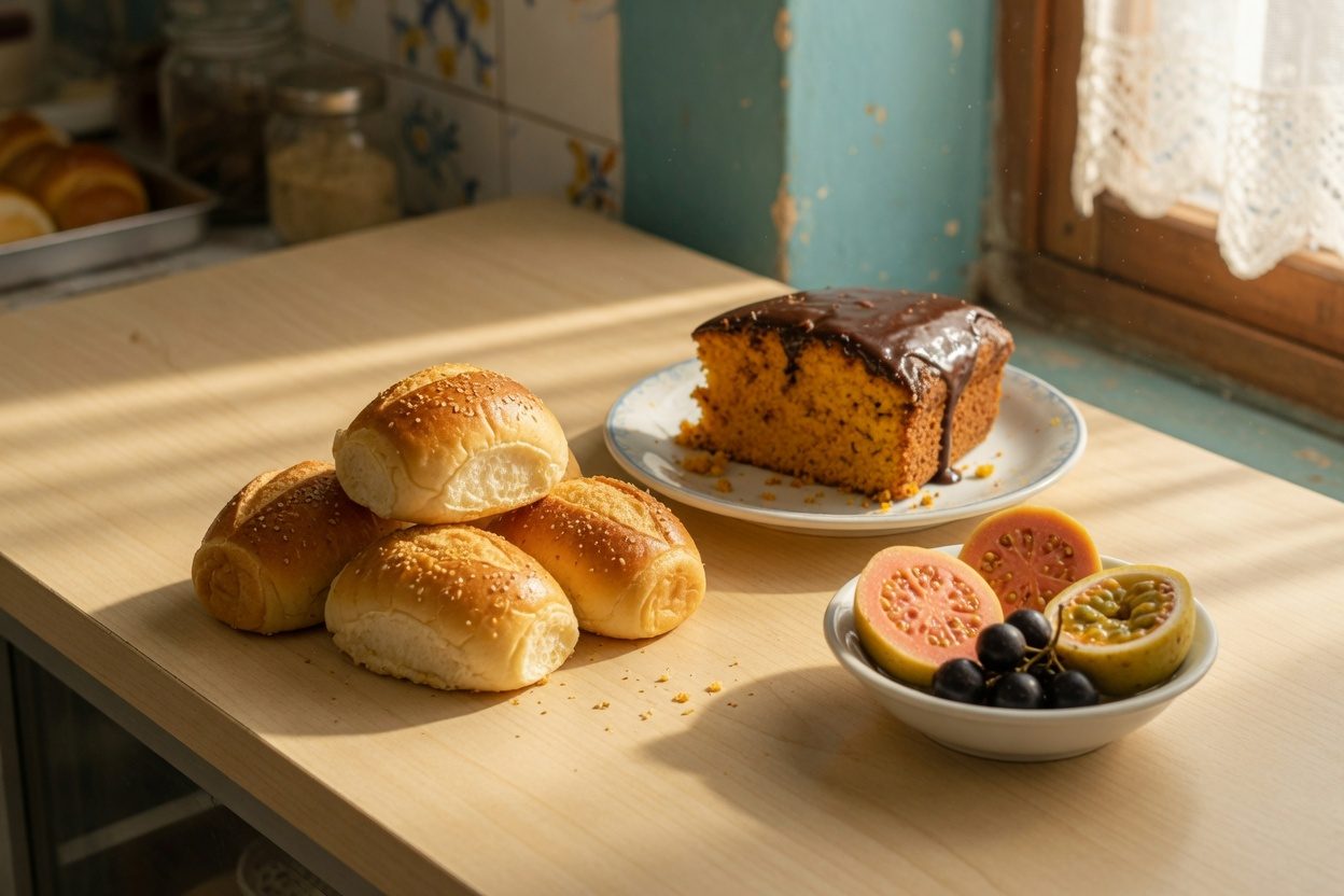 Pães, bolo e frutas sobre uma mesa de madeira, com luz da manhã